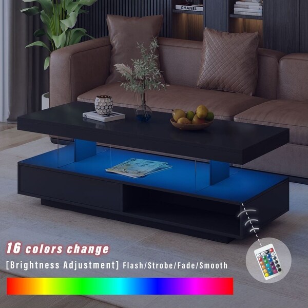 Modern Center Table with 2 Drawers LED Lights and Display Shelves