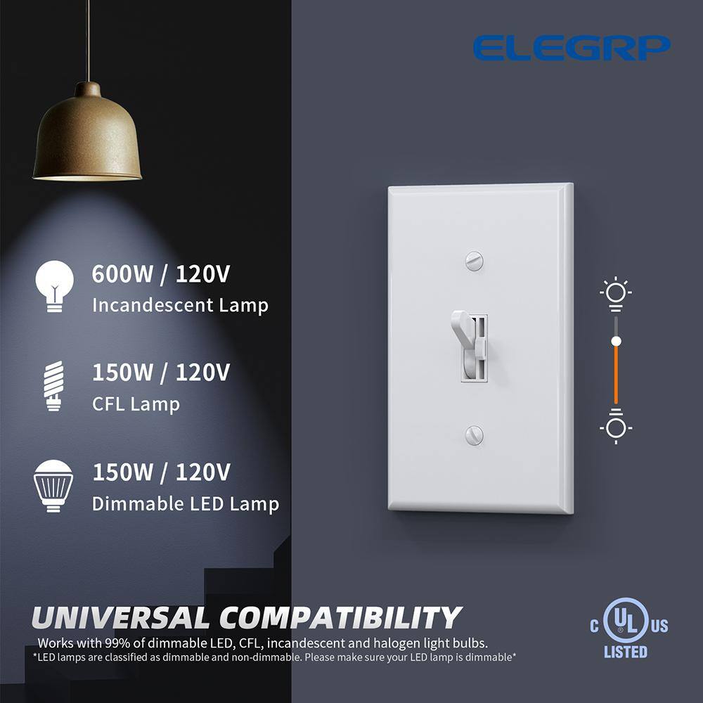 ELEGRP Toggle Dimmer Switch for Dimmable LED CFL and Incandescent Bulbs Single Pole3-Way with Wall Plate White (6-Pack) DM101S-WH6