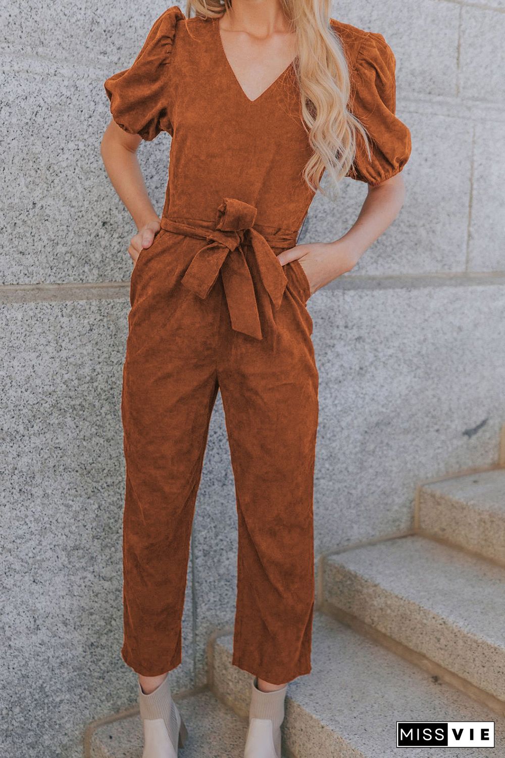 Brown Tie Knot Puff Sleeve Straight Leg High Rise Jumpsuit