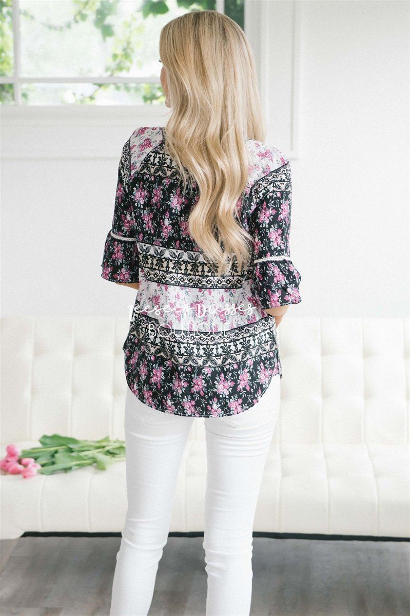 Lace Trim Bell Sleeve Chiffon Top