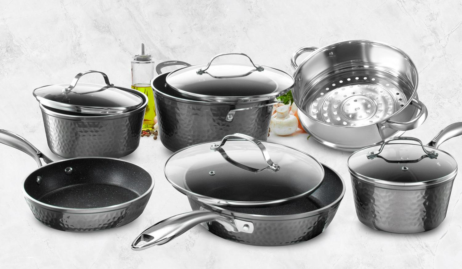 Granite Stone Hammered Titanium Non-Stick Diamond Infused 10 Piece Cookware Set with Glass Lids， Oven Safe， Dishwasher Safe