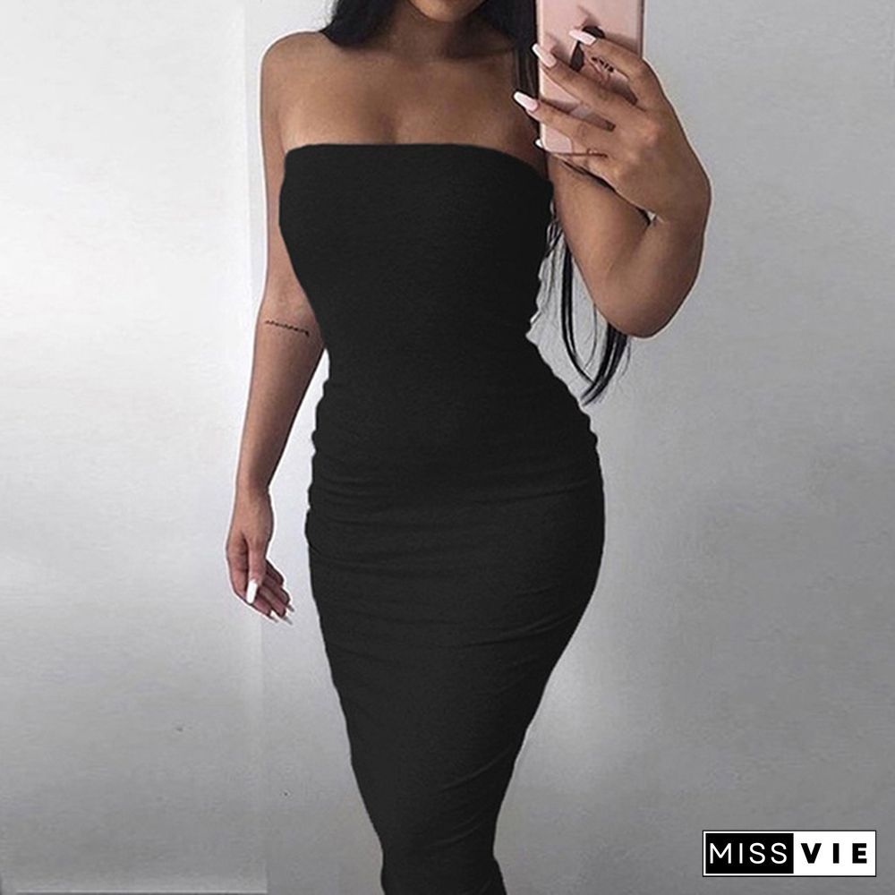 Womens's Fashion Strapless Dress Sexy Ladies Sleeveless Long Skinny Dress Backless Slim Fit Bodycon Evening Club Dress