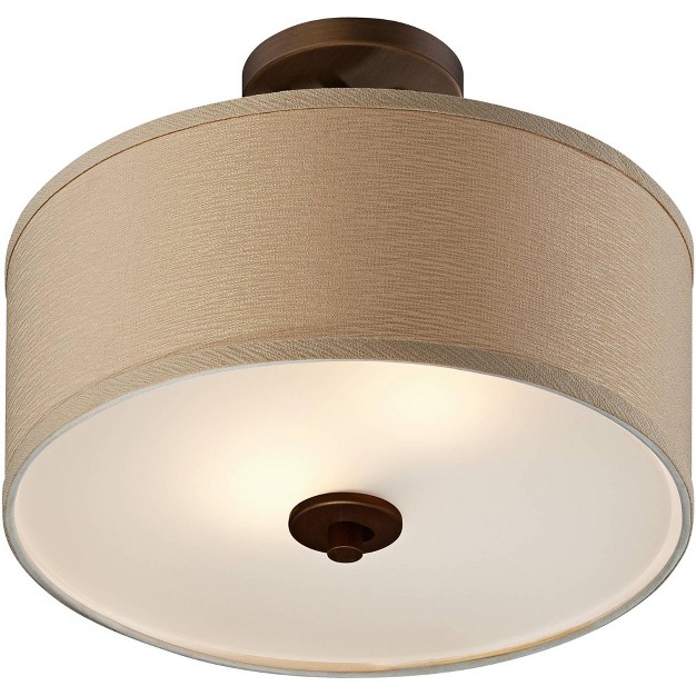 Wide Brushed Bronze 2 light Oatmeal Linen Drum For Bedroom Living Room