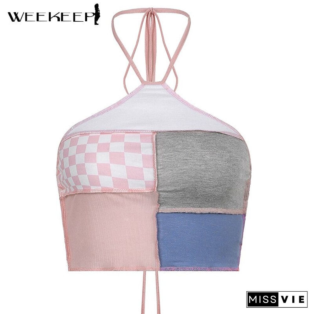 Weekeep Cute Patchwork T-Shirt Two Piece Women Long Sleeve Transparent Tee And Tie Up Halter Cropped Tops Summer Kawaii Harajuku