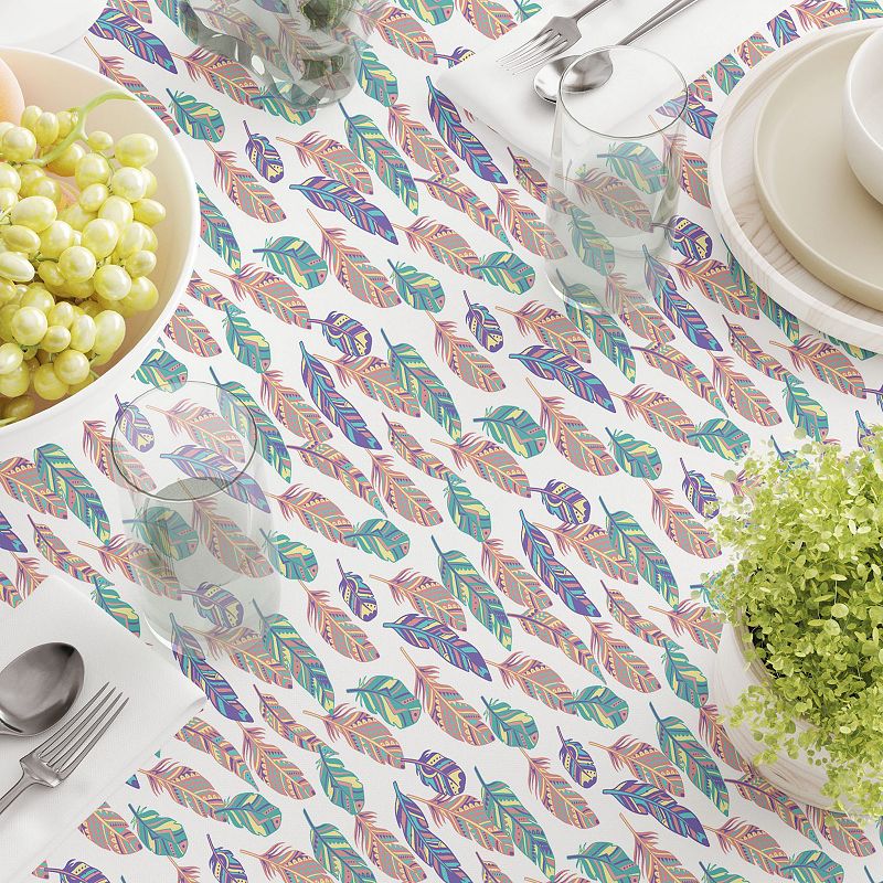 Round Tablecloth， 100% Cotton， 60 Round， Doodle Patterned Feathers