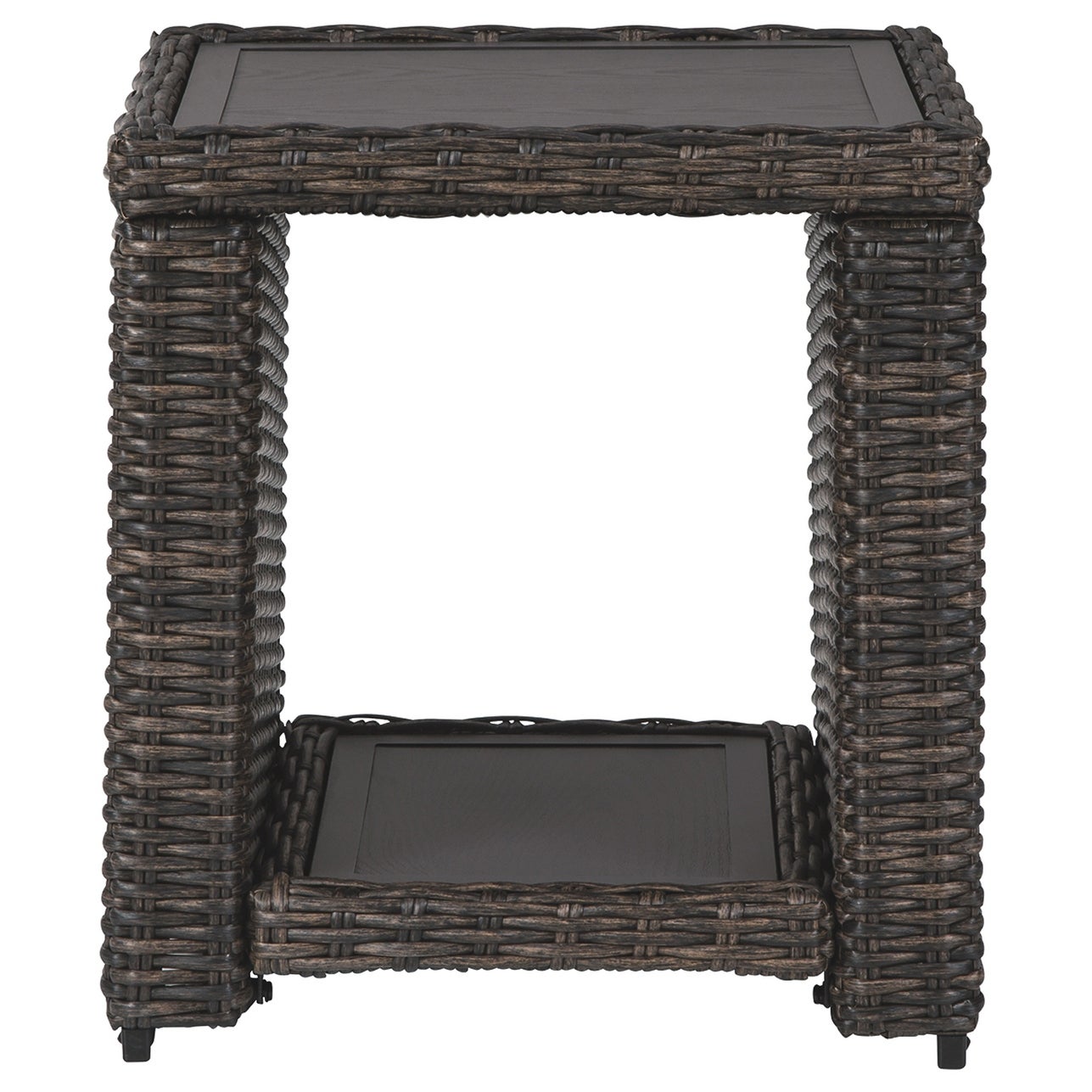 Handwoven Wicker End Table with Open Shelf， Brown and Black - 22 H x 20 W x 20 L Inches