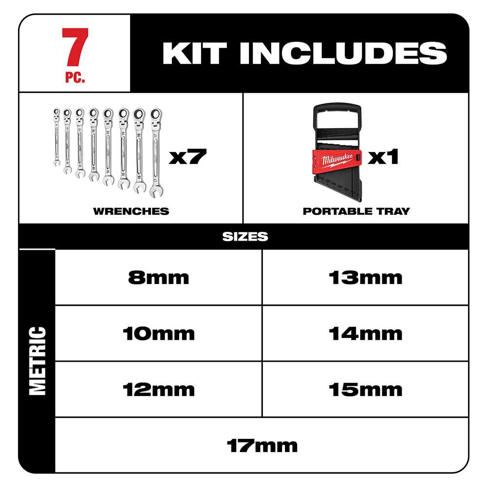 MW Combination Wrench Metric Flex Head Ratcheting Set 7pc 48-22-9529 from MW