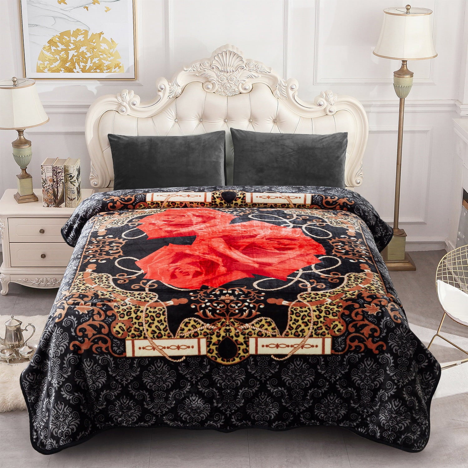 JML Plush Fleece Blanket For Bed，Lightweight Soft Black Red Floral Blanket，Queen 75