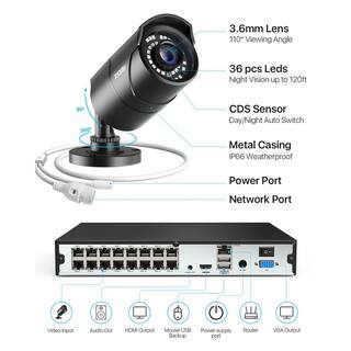 ZOSI 5MP Wired 4K 16-Channel POE 4TB NVR Surveillance System with 16 x Bullet Outdoor IP Cameras 120ft Night Vision 16SK-2615B16-40-US