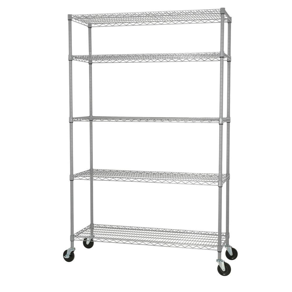 TRINITY Gray 5-Tier Rolling Steel Wire Shelving Unit (48 in. W x 77 in. H x 18 in. D) TBF-PS664