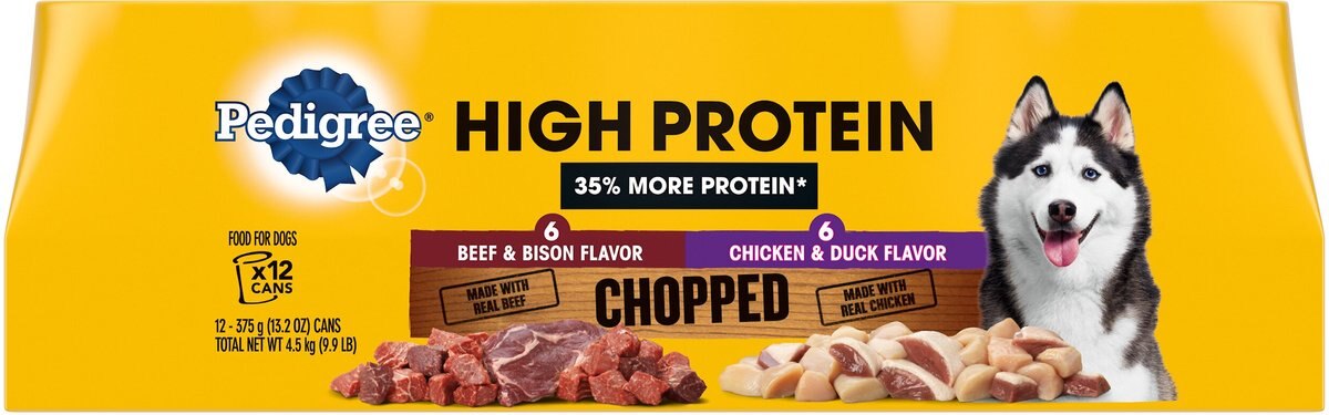 Pedigree High Protein Chopped Beef and Bison Flavor and Chopped Chicken and Duck Flavor Canned Soft Wet Dog Food Variety Pack， 13.2-oz. cans