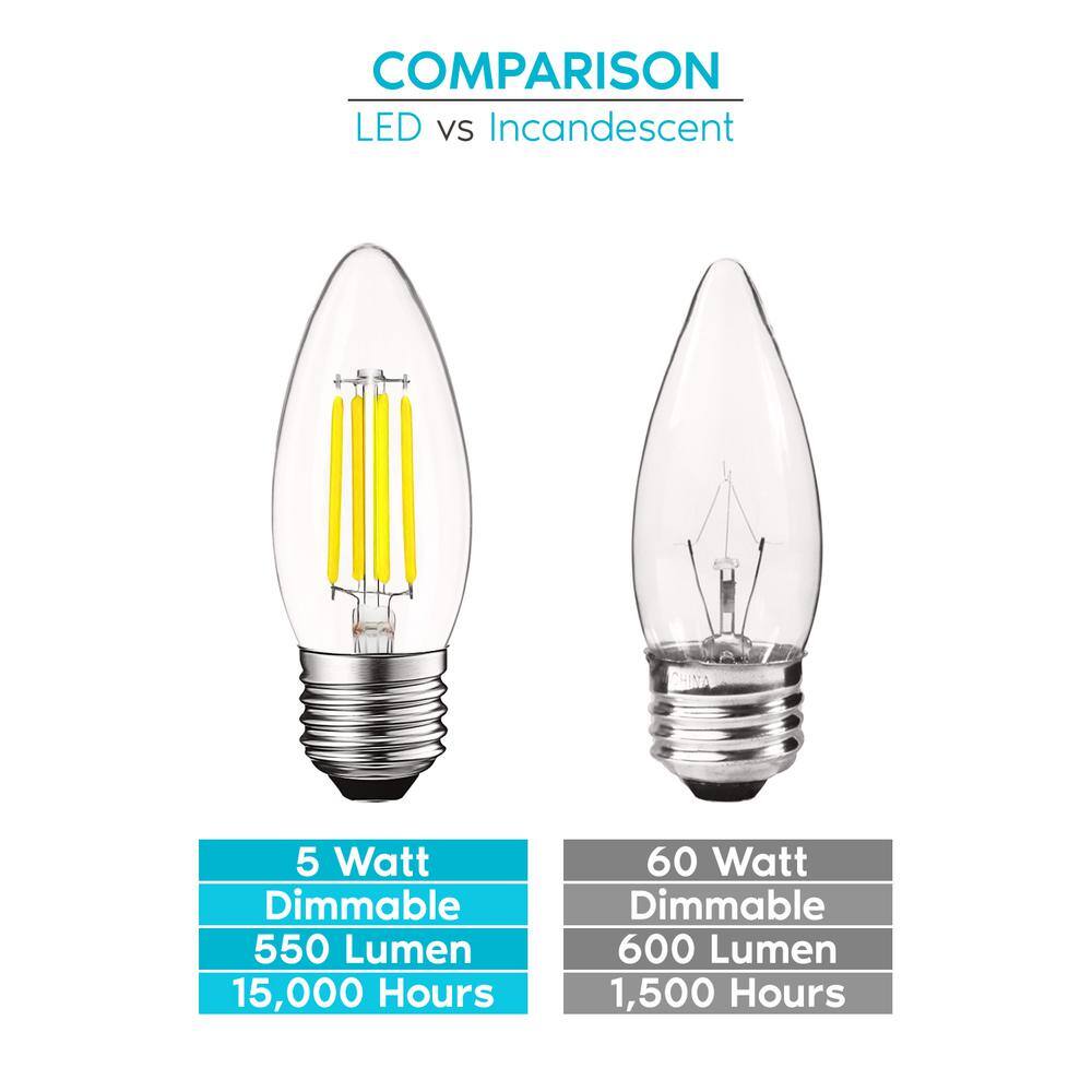 LUXRITE 60-Watt Equivalent B10 Dimmable Edison LED Light Bulbs Torpedo Tip Clear Glass 5000K Bright White (6-Pack) LR21608-6PK