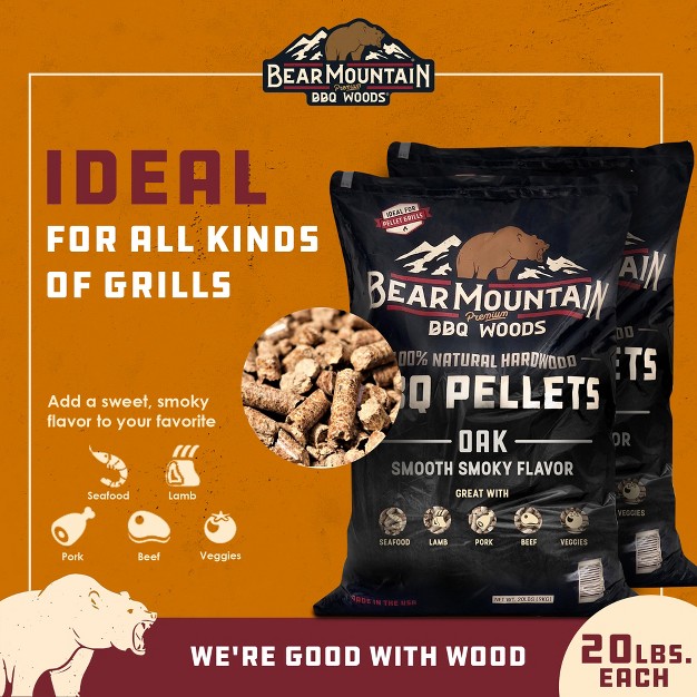 Bear Mountain Bbq Premium All Natural Hardwood Red And White Oak Wood Chip Pellets For Outdoor Gas Charcoal And Electric Grills 20 Pounds 2 Pack