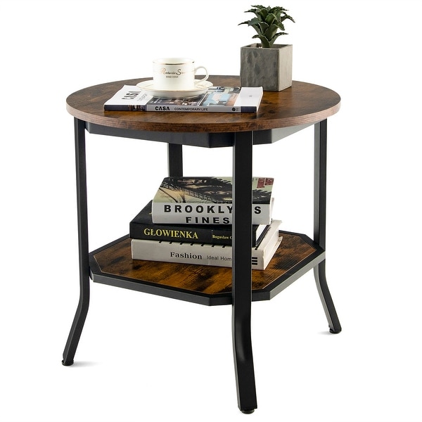 Round End Table 2 Tier Coffee Table Nightstand with Storage Shelf