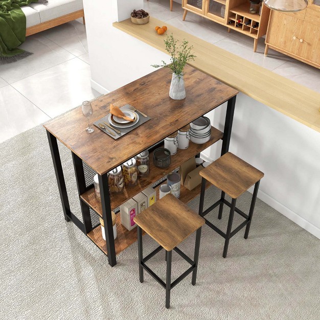 Tall 3 tier Bar Table With Storage Metal Frame Adjustable Foot Pads Rustic Brown grey