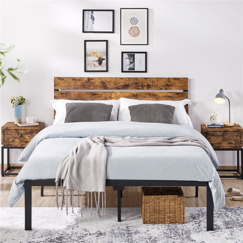 SMILE MART Wood Slat Headboard Black Metal Platform Full Bed, Brown Wood