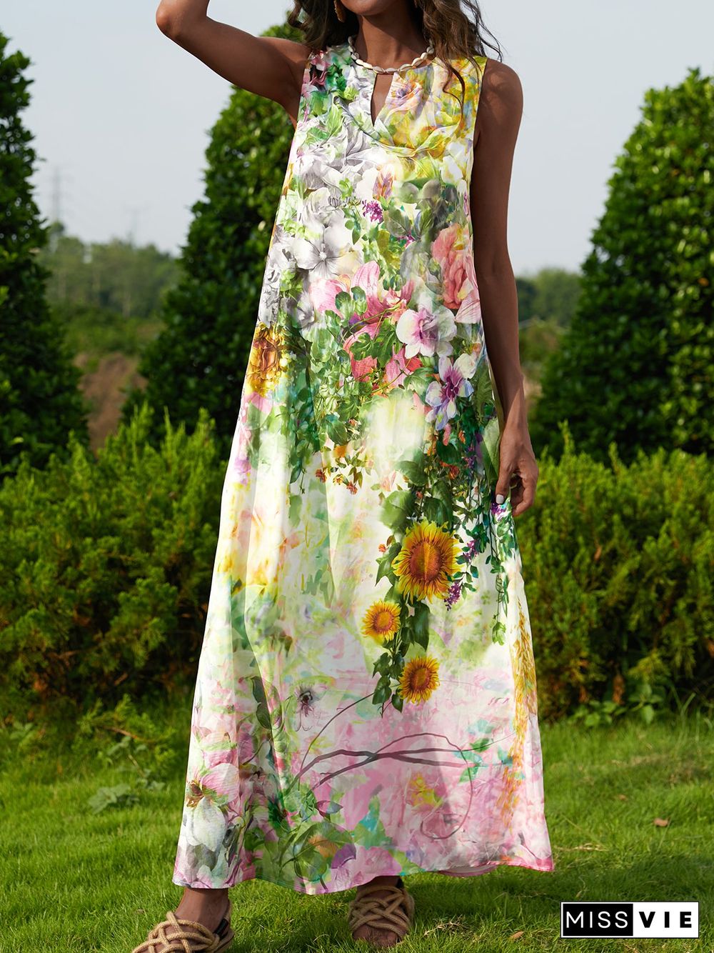 Sleeveless Floral V Neck Dresses