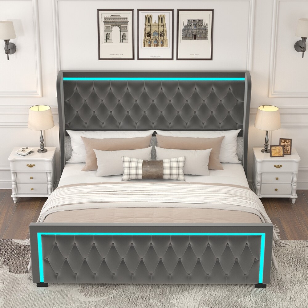 Velvet Wide Wingbacks Platform Bed Frame with Adjustable Colorful LED Light Frame Stitched Button Tufted High Headboard