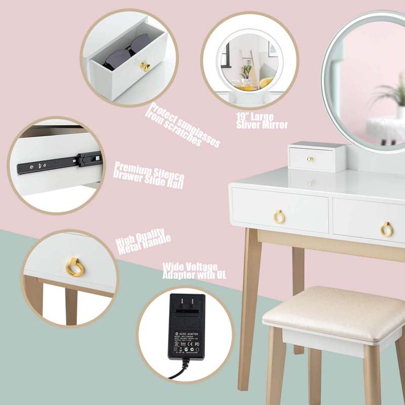 Modern Makeup Vanity Set with Touch Screen Dimming Mirror and 3 Color LED Lighting Modes, Jewelry Divider Dressing Table