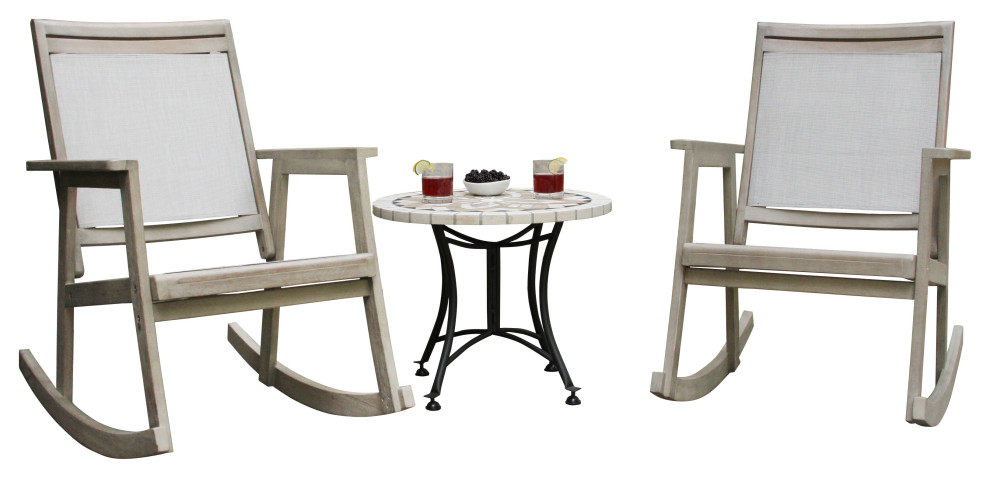 3 Piece Gray Wash Eucalyptus Sling Rocking Chair Set With Mosaic Accent Table   Farmhouse   Outdoor Lounge Sets   by Outdoor Interiors  Houzz