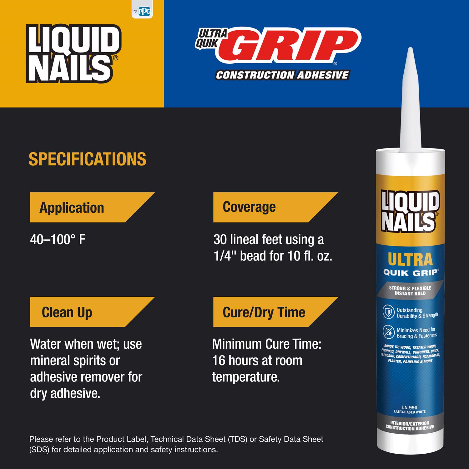 Liquid Nails Ultra Quick Grip Synthetic Elastomeric Polymer Construction Adhesive 10 oz