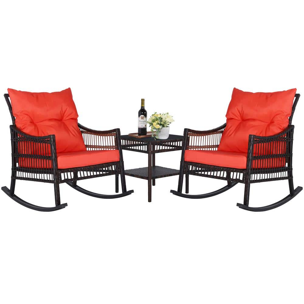 VEIKOUS Dark Brown 3-Piece Patio Wicker Outdoor Rocking Chair Set with Orange Cushions and Pillows HW007-1