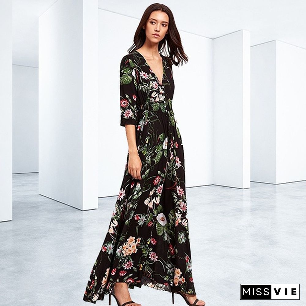 Fashion Bohemian Dress Womens V Neck Floral Print Big Swing Long Dress Plus Size