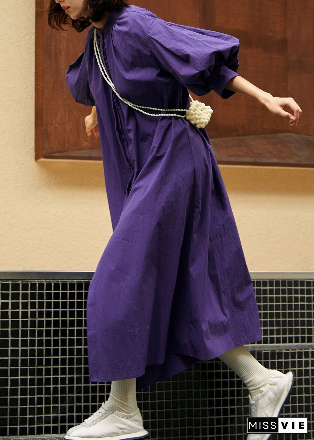 Loose Purple Stand Collar Wrinkled Maxi Dress Lantern Sleeve