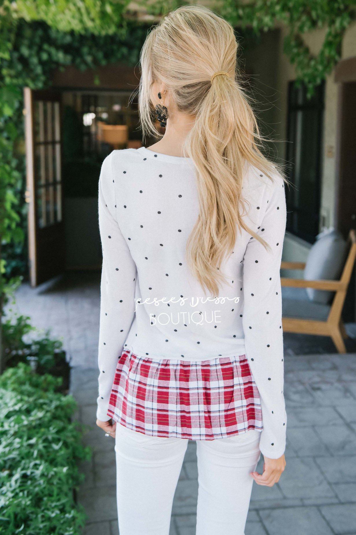 Plaid Ruffle Hem Polka Dot Sweater