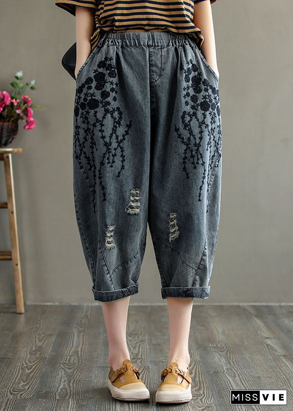 Loose Grey Elastic Waist Embroideried Hole Cotton Harem Pants Summer