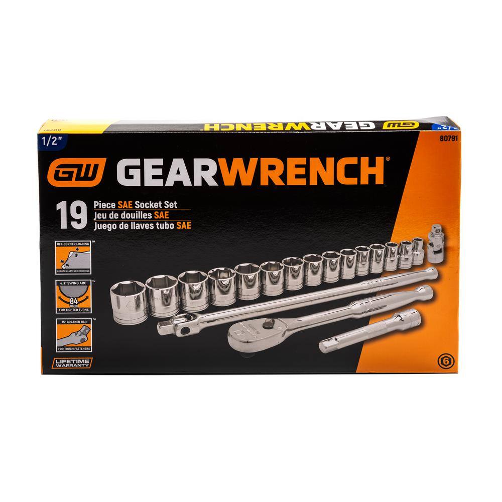 GEARWRENCH 12 in. Drive 6-Point Standard SAE Ratchet and Socket Tool Set (19-Piece) 80791