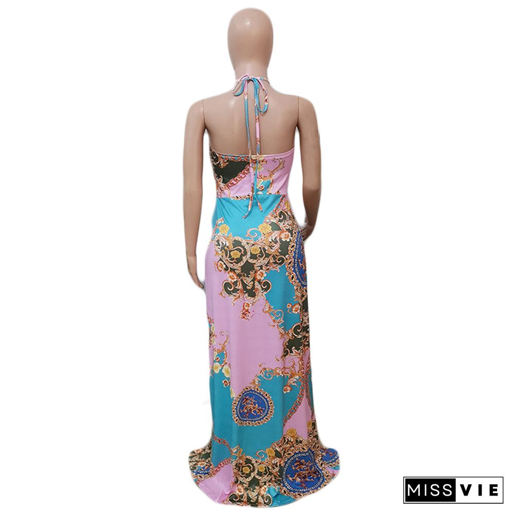 Vintage Pattern Printed High Slit Backless Maxi Dress