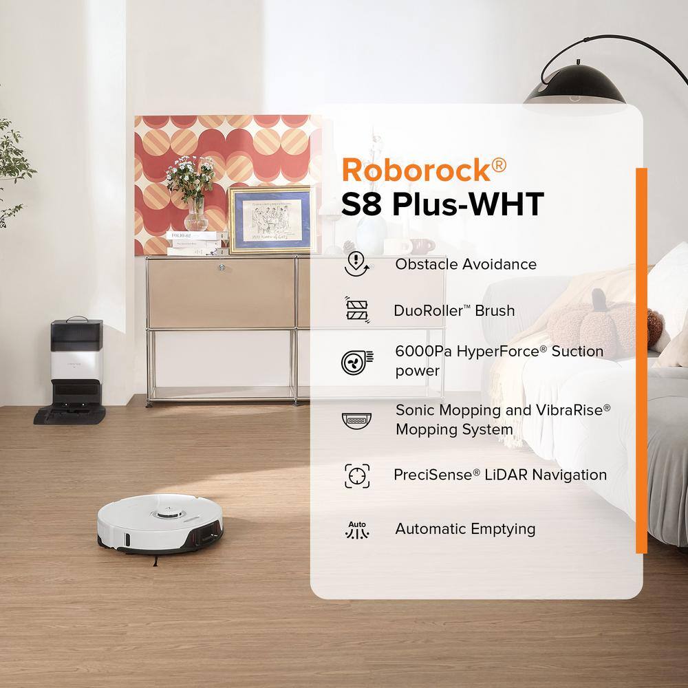 ROBOROCK S8 Plus-WHT Self-Emptying Robot Vacuum with Sonic Mopping 6000PA Suction LiDAR Navigation Multisurface in White Roborock S8 Plus-WHT