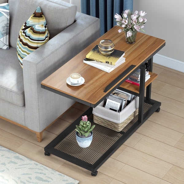 Height Adjustable C Table， Sofa Side Tables， Mobile End Table with Storage Shelves