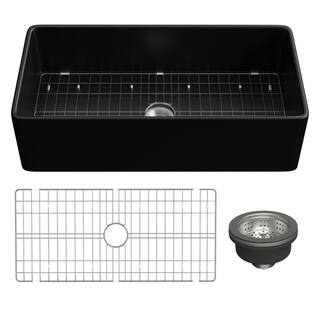 Black Fireclay 36 in. Single Bowl Farmhouse Apron Kitchen Sink with Bottom Grid and Basket Strainer HKD-361810-B