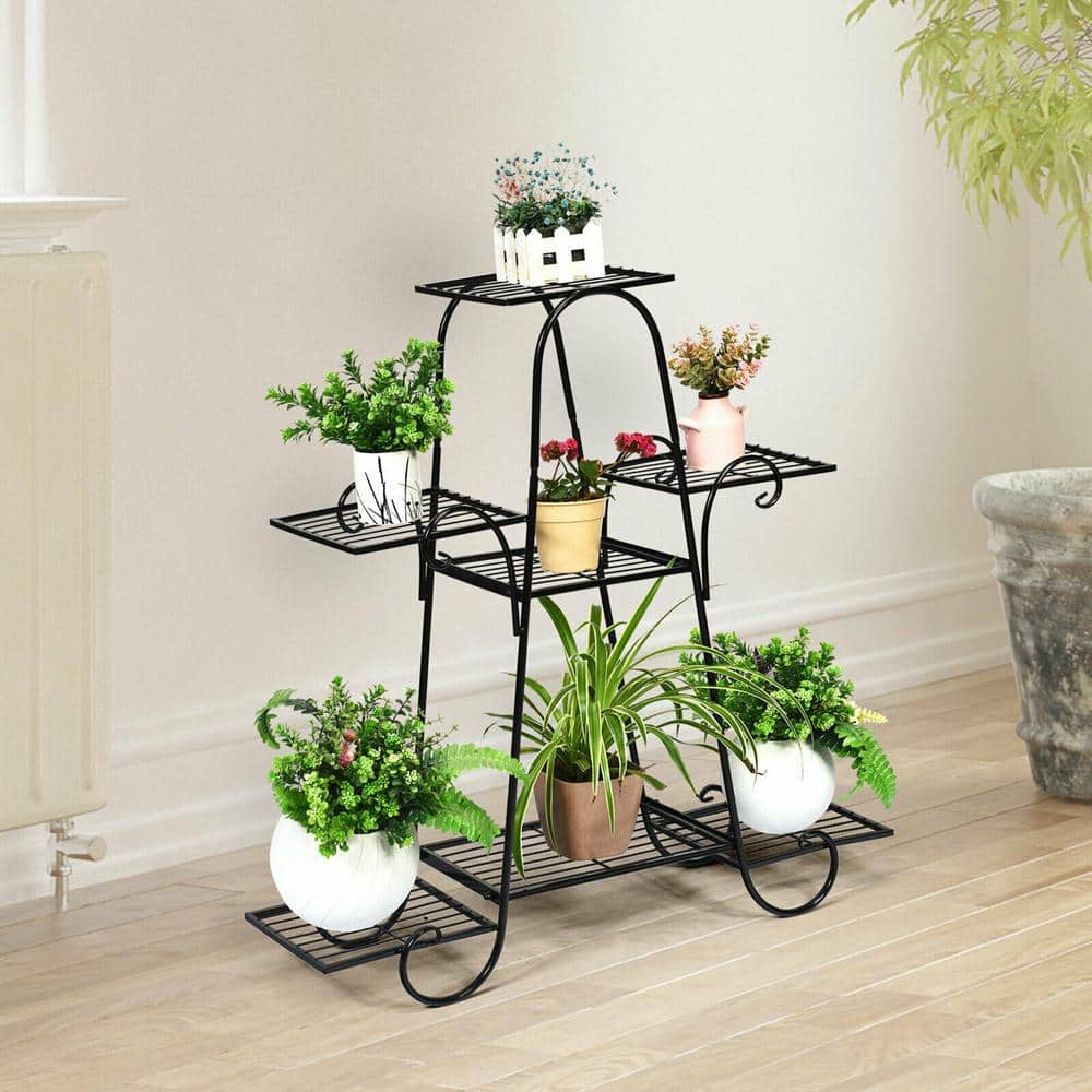 Gymax 32.5 in. Indoor/Outdoor Metal Plant Stand Shelf Multilayer Potted Display Rack Patio Garden (7-Tiered) GYM06243