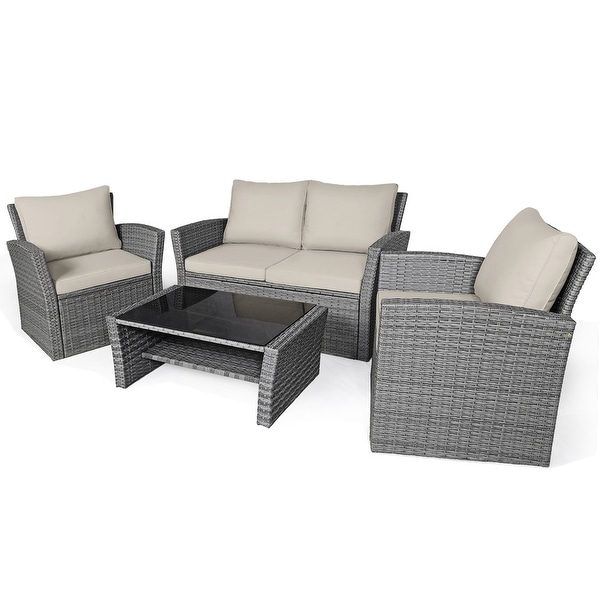 Gymax 4PCS Patio Rattan Conversation Set Outdoor Furniture Set w/