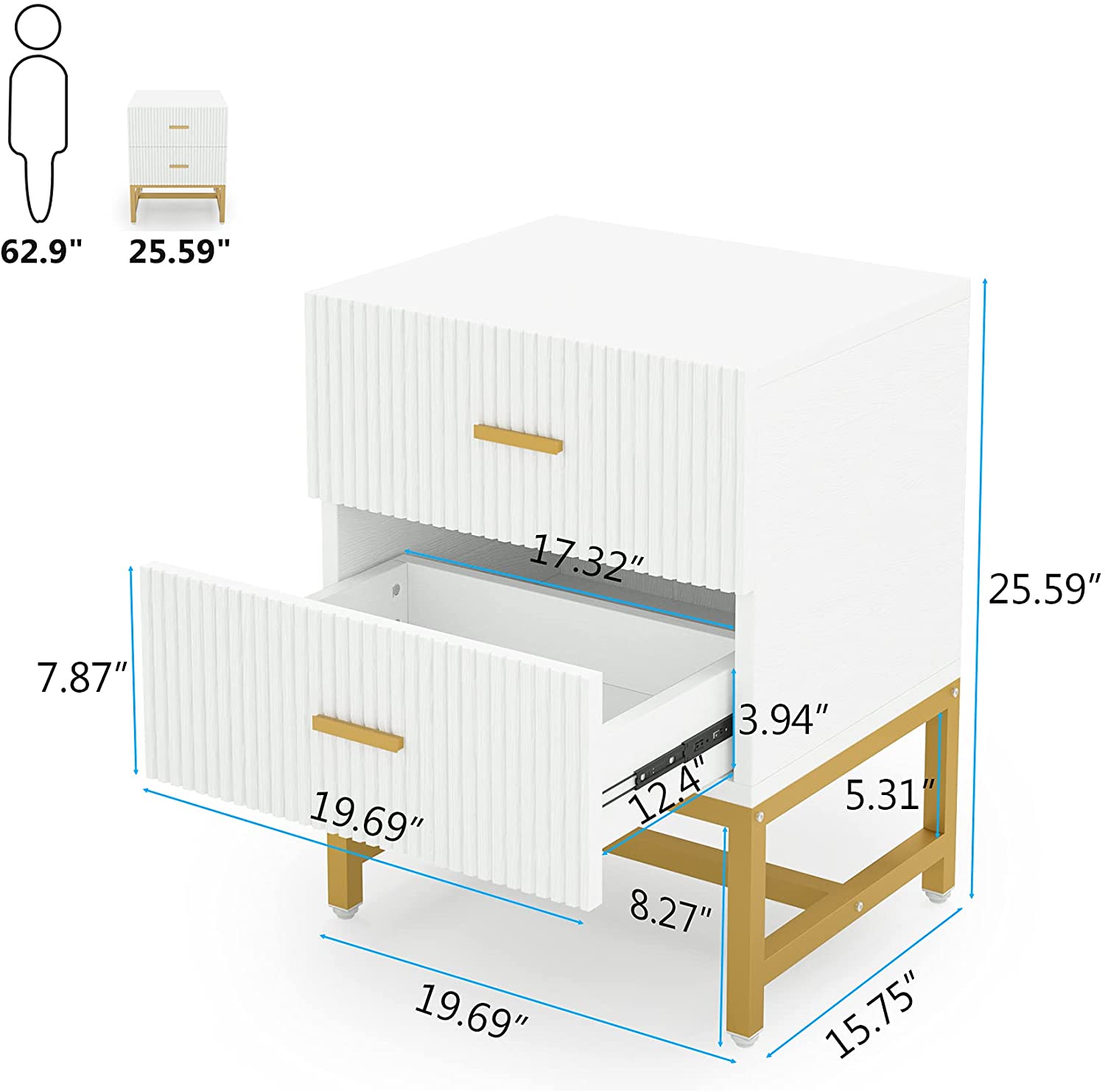 2-Drawer Nightstand, Modern Bedside End Table with Storage