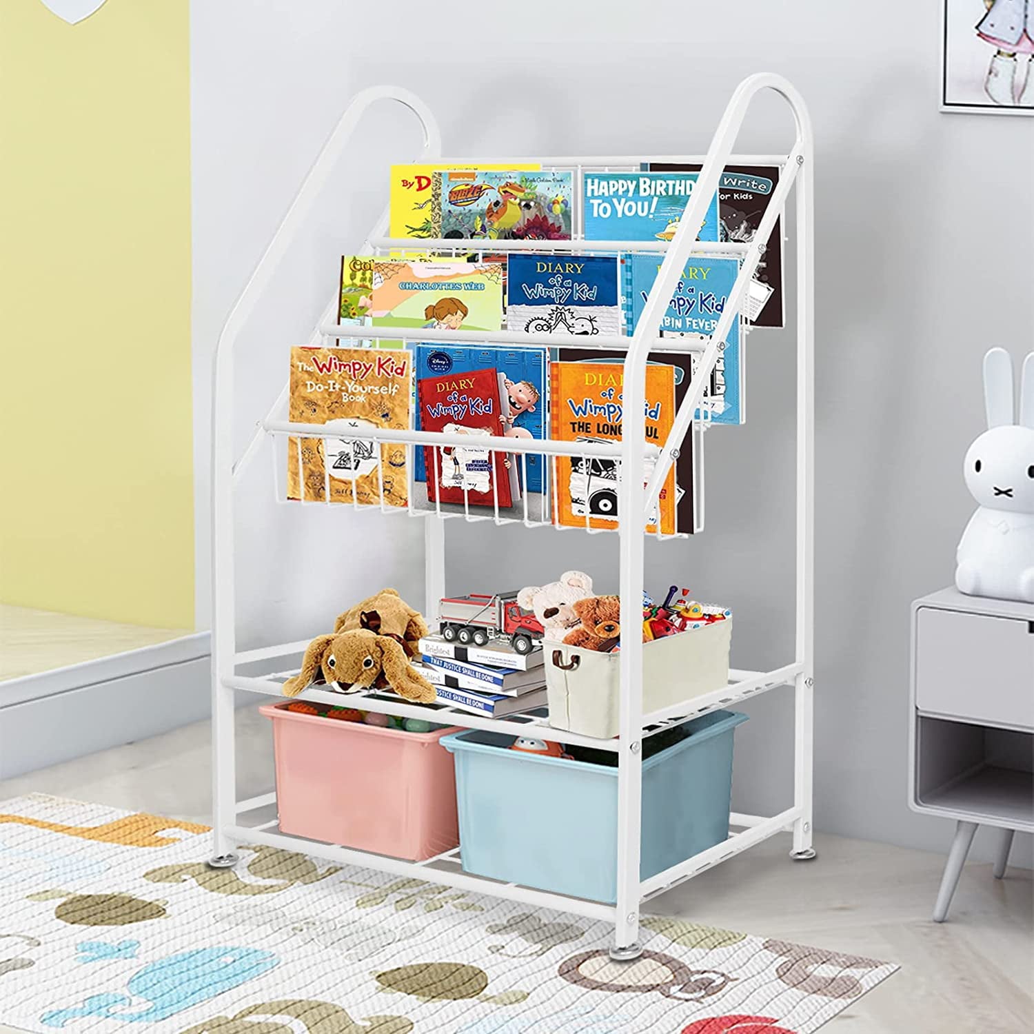 Metal Kids Bookshelf Freestanding,Book Organizer for Kids,Bookcase Rack 24in Bookshelf with 2 Tier Children's Toys Display Storage Organizer Shelves(5-tier/24in,White)