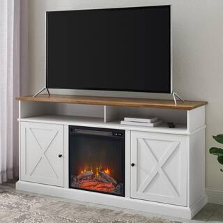 Welwick Designs 60 in. Reclaimed Barnwood and Brushed White Wood X Door TV Stand Fits TVs up to 65 in. with Electric Fireplace HD8758