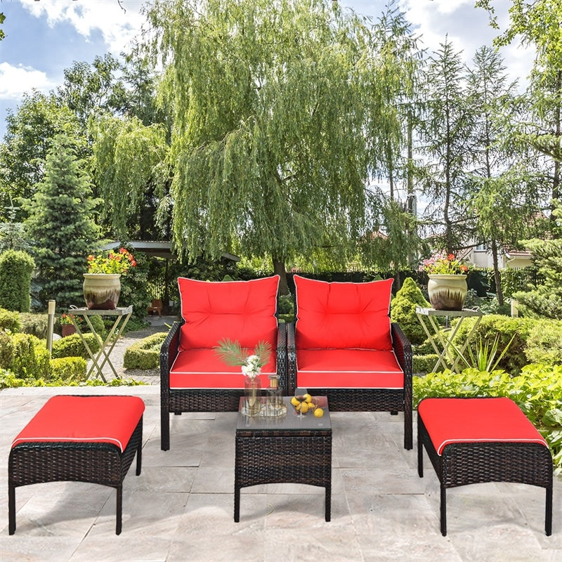 5 Pcs Rattan Patio Conversation Sets with Ottomans & Coffee Table, Wicker Outdoor Bistro Set