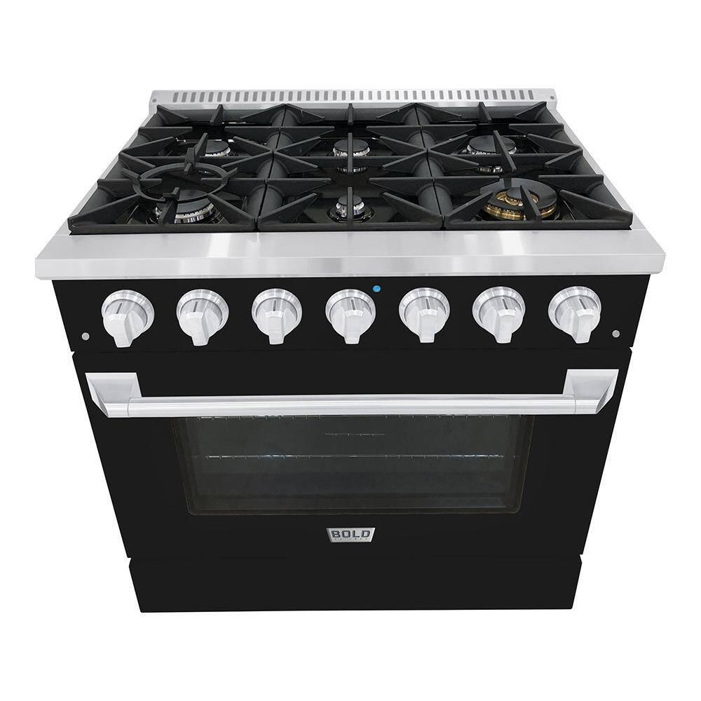 Hallman BOLD 36 in. 5.2 cu. ft. 6 Burner Freestanding Single Oven All Gas Range in. Black Stainless Steel HBRG36CMGB-LP