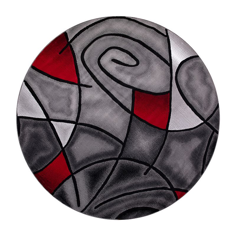 Masada Rugs Masada Rugs Trendz Collection 7'x7' Round Modern Contemporary Round Area Rug in Red， Gray and Black