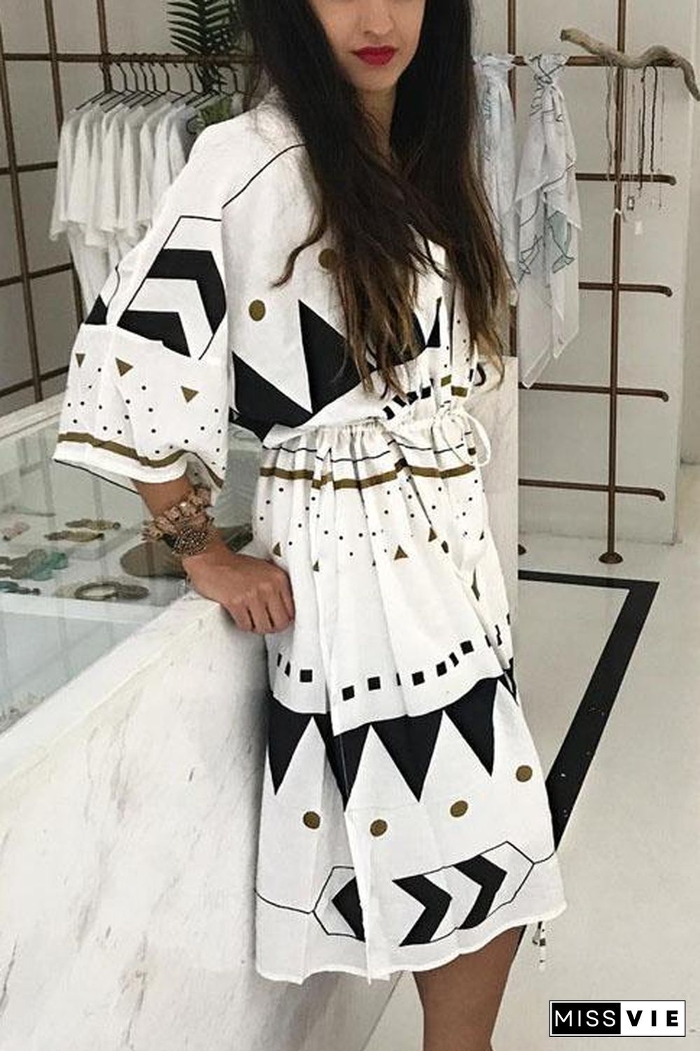 White Geometric Print Drawstring Slit Sexy Beach Cover Up Kimono