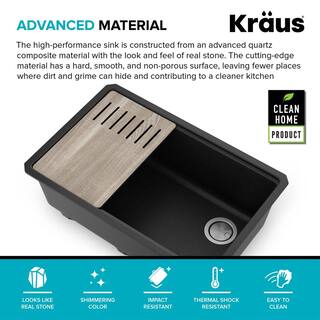 KRAUS Bellucci Black Granite Composite 30 in. Single Bowl Undermount Workstation Kitchen Sink with Accessories KGUW2-30MBL