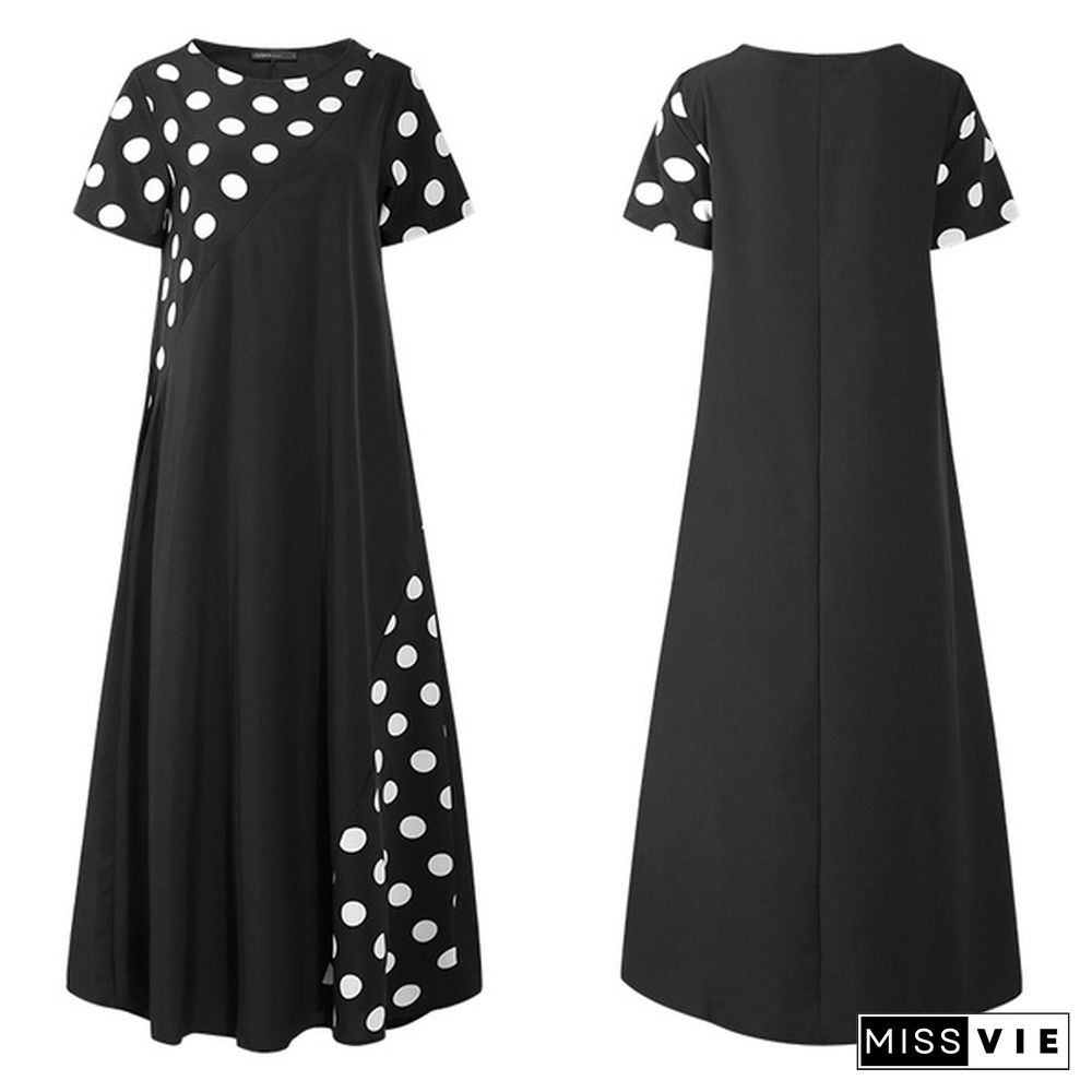 Summer Women Polka Dot Maxi Dress Robe Short Sleeve Round Neck Patchwork Party Casual Loose Long Dress Plus Size Tunic