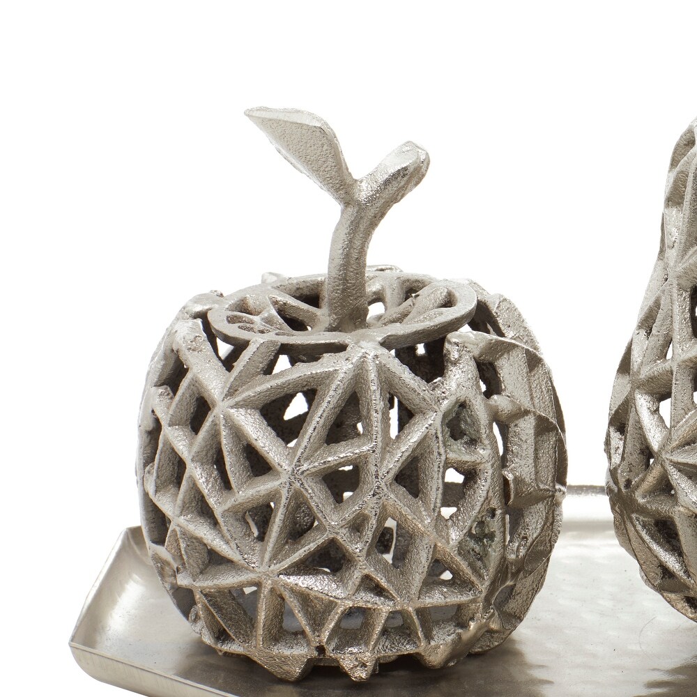 Silver Aluminum Decorative Cut Out Fruit Sculpture with Platter   14 x 8 x 8