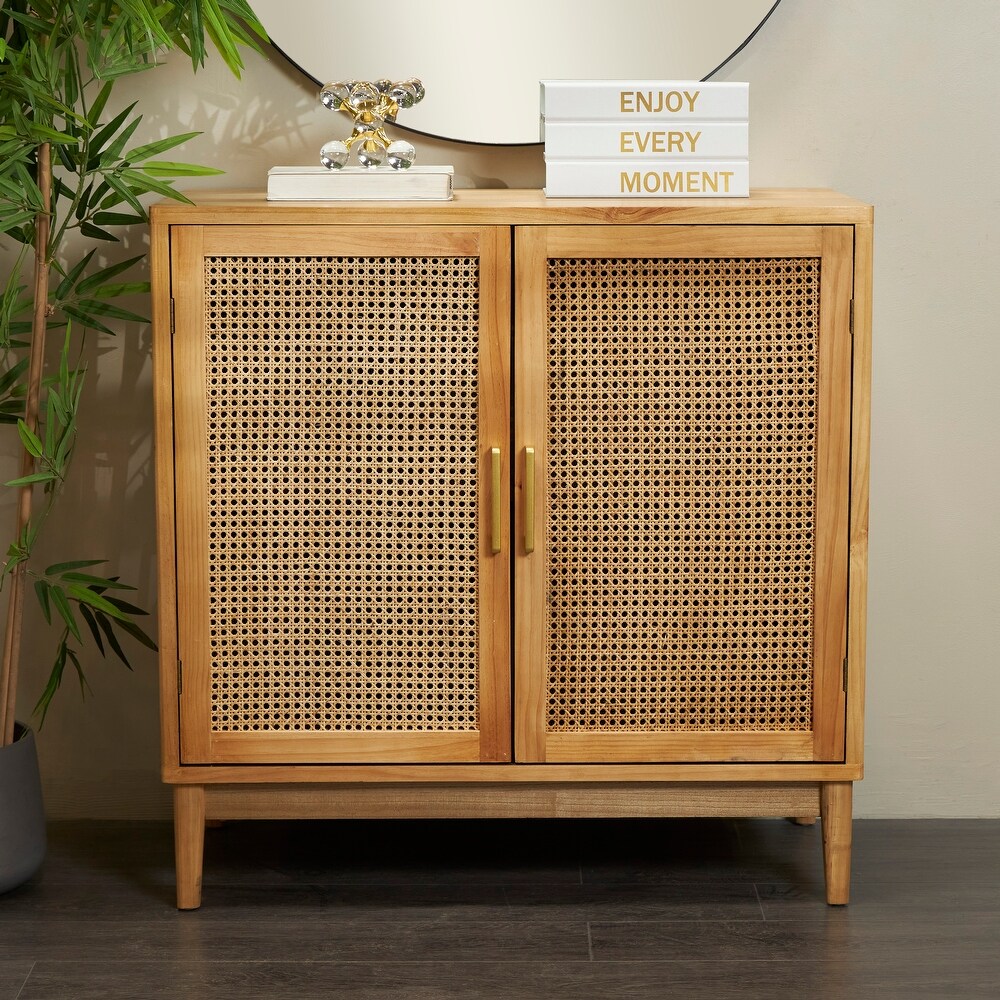 Light Brown Wood 1 Shelf and 2 Door Cabinet with Cane Front Doors and Gold Handles