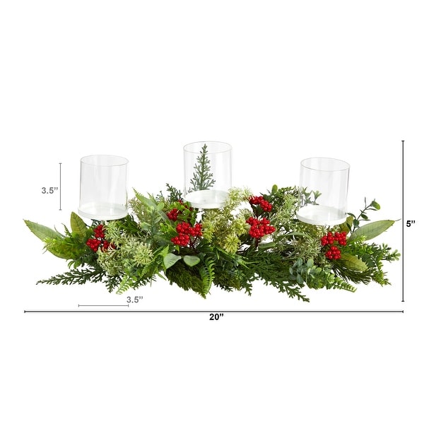 20 Holiday Winter Greenery and Berries Triple Candle Holder Artificial Christmas Table Arrangement