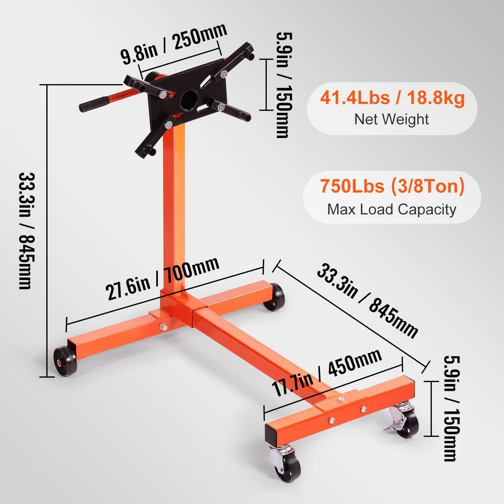 VEVOR Rotating Engine Stand 750 lbs. Load Cast Iron Motor Hoist Dolly with 360 Adjustable Head 4-Caster 4 Arms for Vehicle YDXZSF750LBS4870PV0